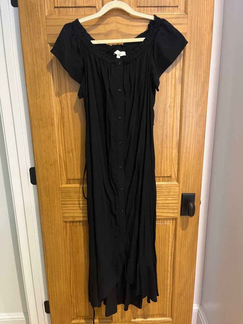 Black Off-Shoulder Button-Front Maxi Dress